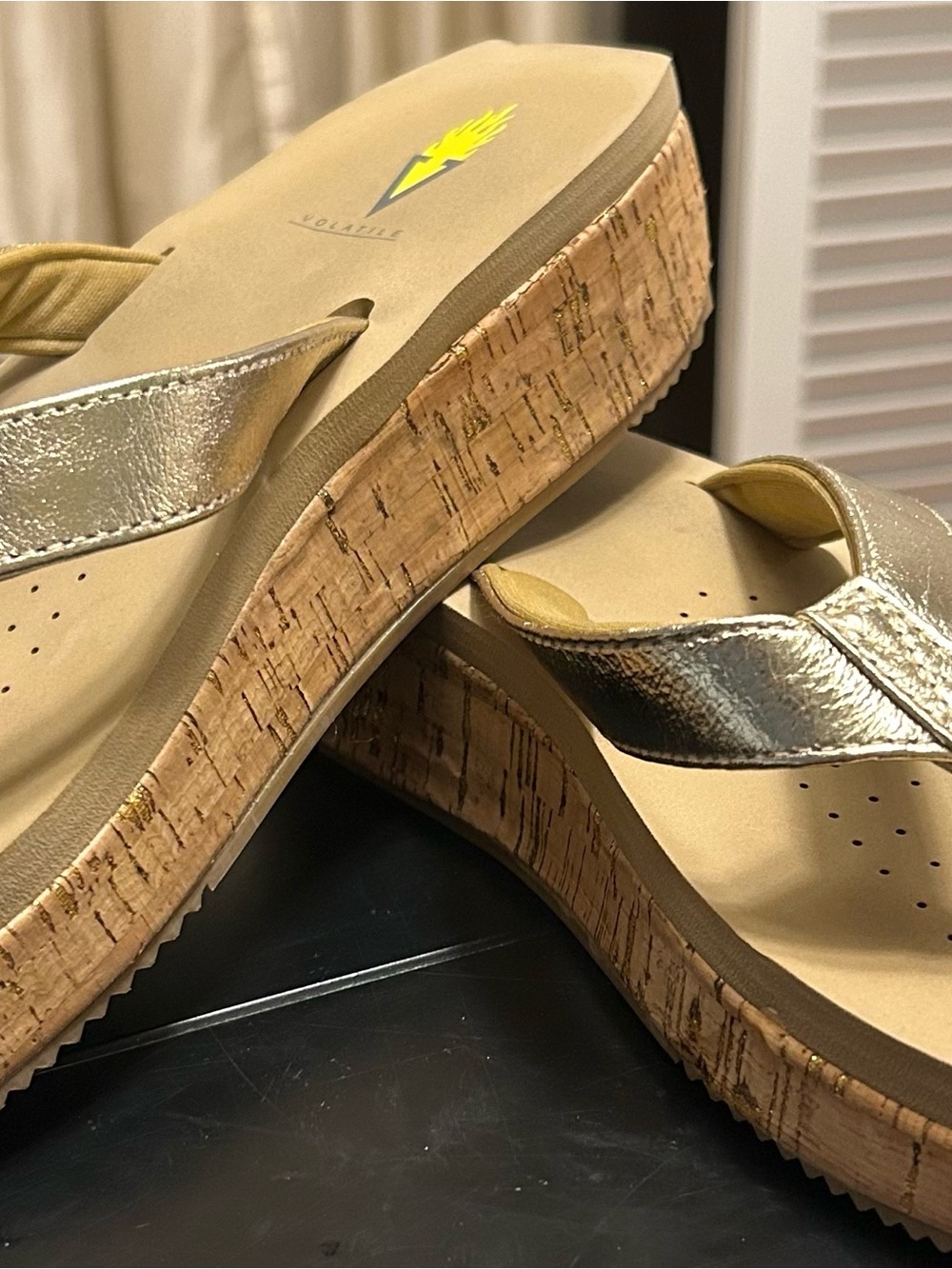 Volatile Metallic Gold Cork Wedge Flip Flop Sandals